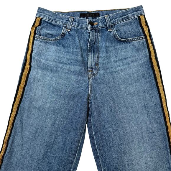 J Brand Joan Crop Jeans Wide Leg Ankle Length Blue Denim Gold Stripe USA Size 27 - Picture 3 of 12